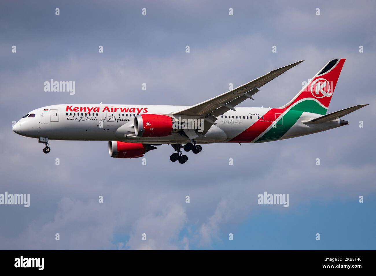 Kenya Airways Boeing 787-8 Dreamliner aircraft as seen on final approach landing at London Heathrow International Airport LHR EGLL in England, UK on 20 October 2019. The B787 airplane has the registration 5Y-KZE, 2x GEnx-1B jet engines and the name Serengeti Plains. The airline connects the British capital to Jomo Kenyatta International Airport NBO HKJK in Nairobi. Kenya Airways KQ KQA is the flag carrier of Kenya and member of SkyTeam aviation alliance. (Photo by Nicolas Economou/NurPhoto) Stock Photo