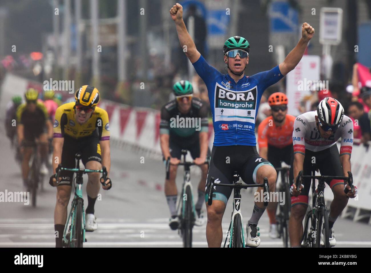 Pascal Ackermann (Center Right) of Germany and Team Bora-Hansgrohe, wins the six stage, 168.3km Guilin Stage Race, of the 3rd edition of the Cycling Tour de Guangxi 2019, . On Tuesday, October 22, 2019, in Guilin, Guangxi Region, China. (Photo by Artur Widak/NurPhoto) Stock Photo