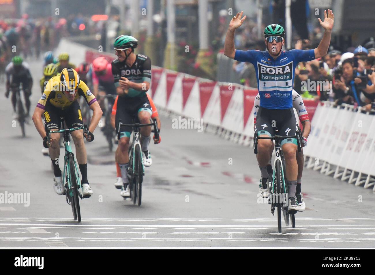 Pascal Ackermann (Right) of Germany and Team Bora-Hansgrohe, wins the six stage, 168.3km Guilin Stage Race, of the 3rd edition of the Cycling Tour de Guangxi 2019, . On Tuesday, October 22, 2019, in Guilin, Guangxi Region, China. (Photo by Artur Widak/NurPhoto) Stock Photo