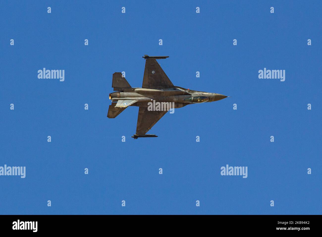 Greek HAF F16 ' Zeus ' Demo Team during the Athens Flying Week 2019 Air Show. Hellenic Air Force Lockheed Martin F-16C Block 52 ( F-16C Blk 52+ ) from 340 Squadron Mira ( 340SQN 'Fox' ) as seen in a flying demonstration from demo pilot Major Georgios Papadakis at Tanagra Military Air Base LGTG airport. Athens, Greece - September 22, 2019 (Photo by Nicolas Economou/NurPhoto) Stock Photo