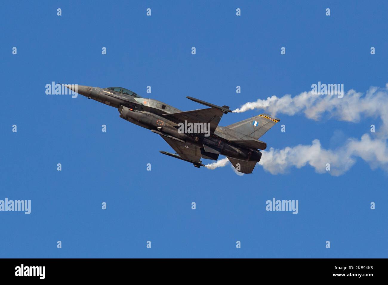 Greek HAF F16 ' Zeus ' Demo Team during the Athens Flying Week 2019 Air Show. Hellenic Air Force Lockheed Martin F-16C Block 52 ( F-16C Blk 52+ ) from 340 Squadron Mira ( 340SQN 'Fox' ) as seen in a flying demonstration from demo pilot Major Georgios Papadakis at Tanagra Military Air Base LGTG airport. Athens, Greece - September 22, 2019 (Photo by Nicolas Economou/NurPhoto) Stock Photo