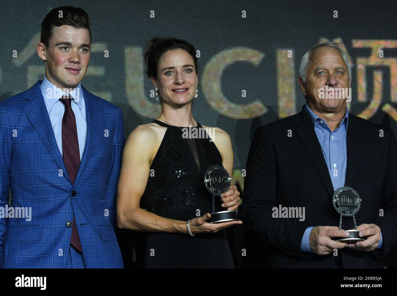 Mads Pedersen (Denmark/Team Trek–Segafredo), Marianne Vos (Netherland/Team CCC Liv) and Greg LeMond (USA), seen during the 5th UCI Cycling Gala in Guilin. On Tuesday, October 22, 2019, in Guilin, Guangxi Region, China. (Photo by Artur Widak/NurPhoto) Stock Photo