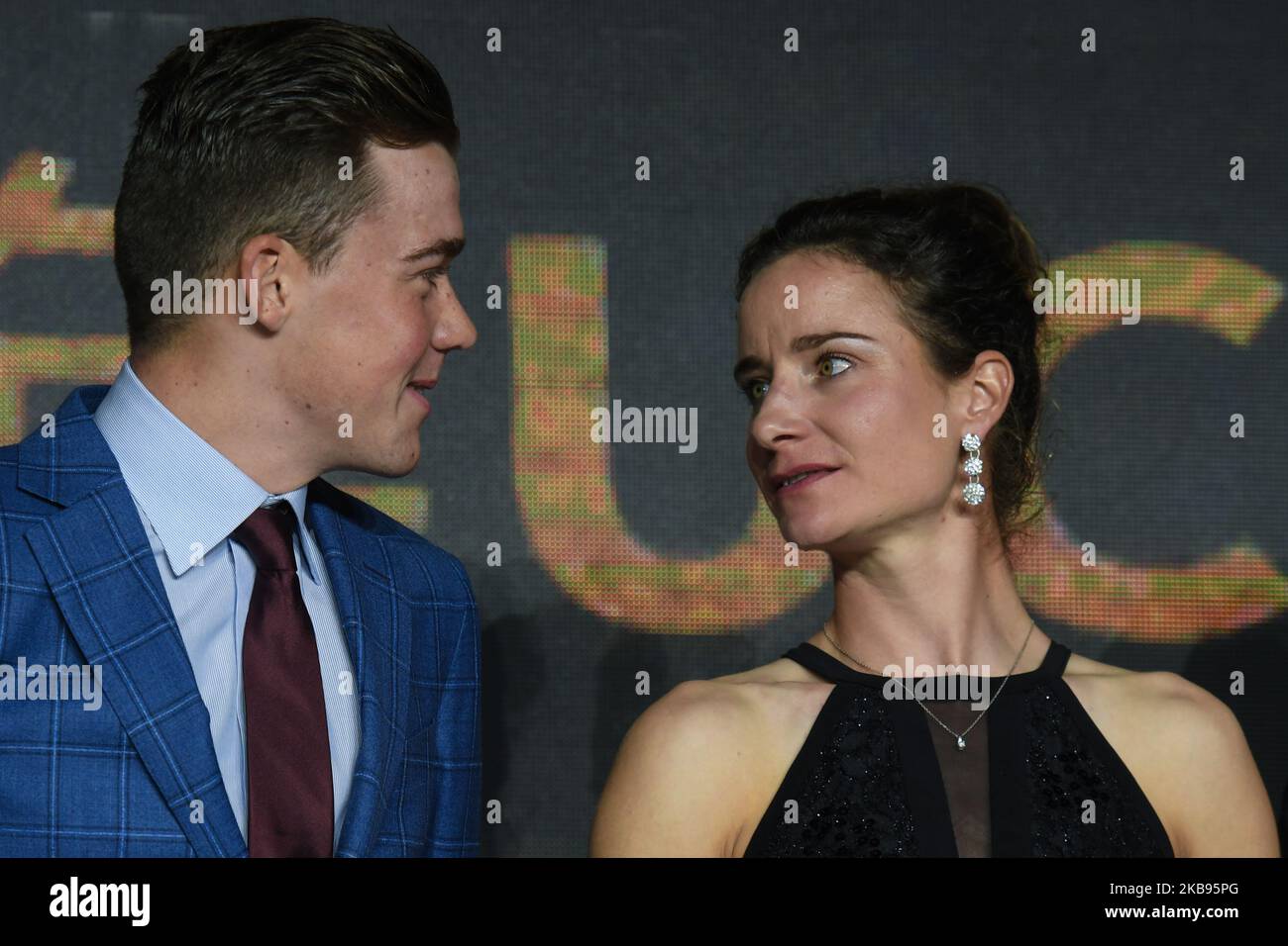 Mads Pedersen (Denmark/Team Trek–Segafredo) and Marianne Vos (Netherland/Team CCC Liv), seen during the 5th UCI Cycling Gala in Guilin. On Tuesday, October 22, 2019, in Guilin, Guangxi Region, China. (Photo by Artur Widak/NurPhoto) Stock Photo