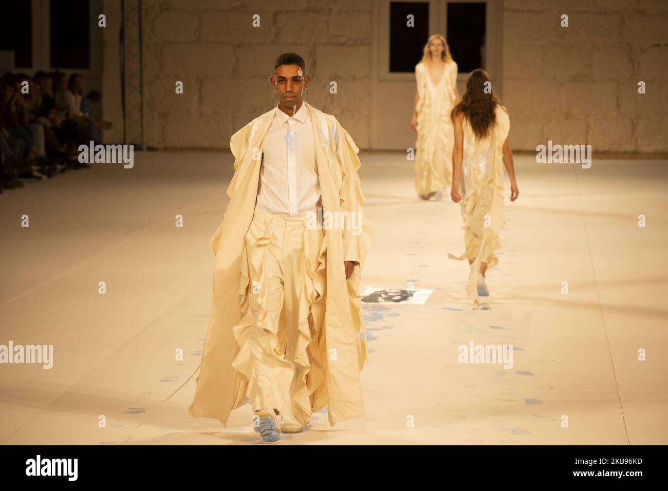 Models walk the runway at the Ines Torcato collection during Portugal Fashion show Spring / Summer 2020 collection, in Porto, Portugal, on 24 October 2019. (Photo by Rita Franca/NurPhoto) Stock Photo