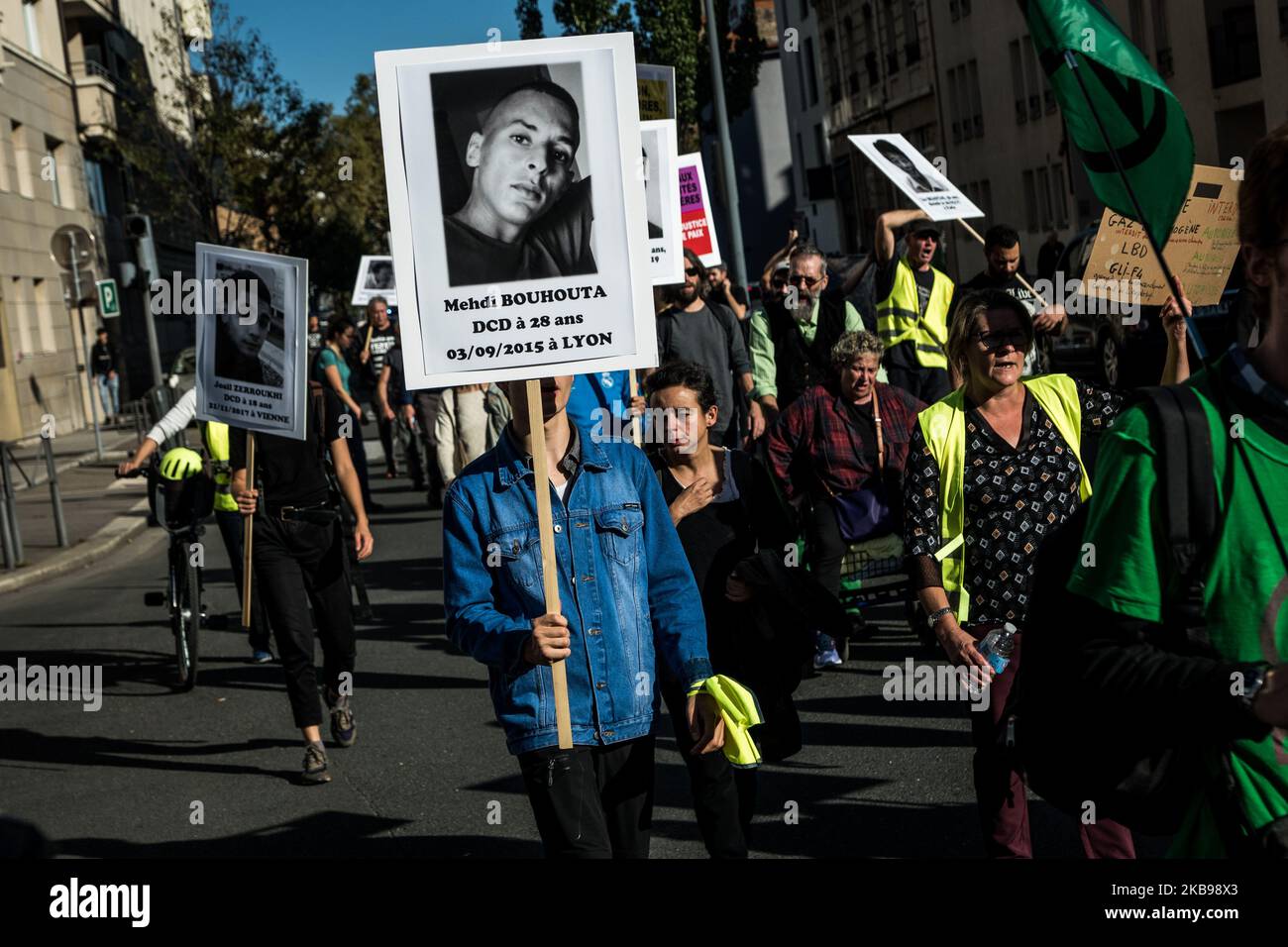 Demonstration against police violence in Lyon, France, on 26 October 2019, at the call of the association of victims of security crimes (Association Des Victimes Des Crimes Sécuritaire) and joined by yellow vests. (Photo by Nicolas Liponne/NurPhoto) Stock Photo