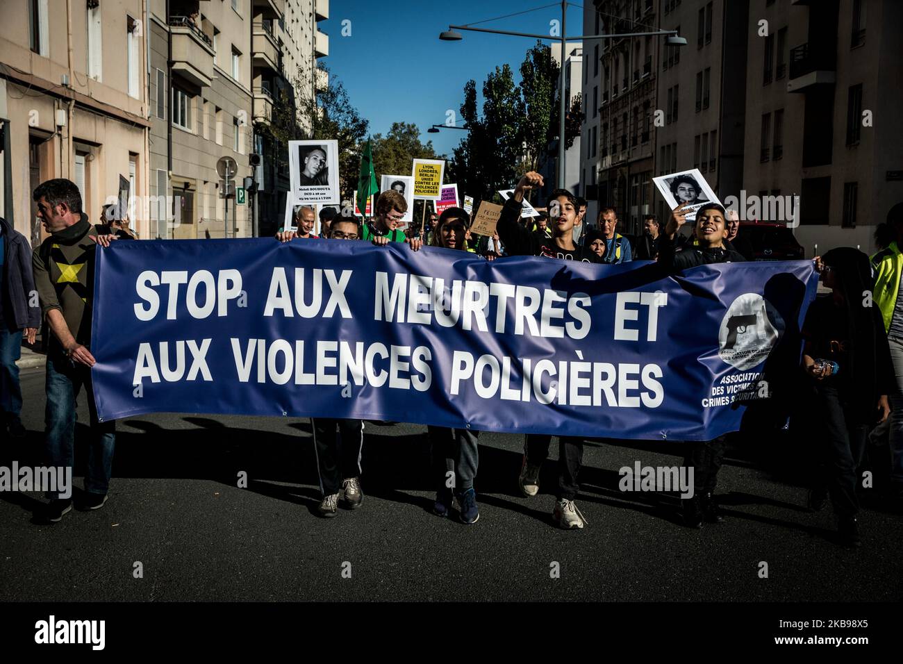 Demonstration against police violence in Lyon, France, on 26 October 2019, at the call of the association of victims of security crimes (Association Des Victimes Des Crimes Sécuritaire) and joined by yellow vests. (Photo by Nicolas Liponne/NurPhoto) Stock Photo