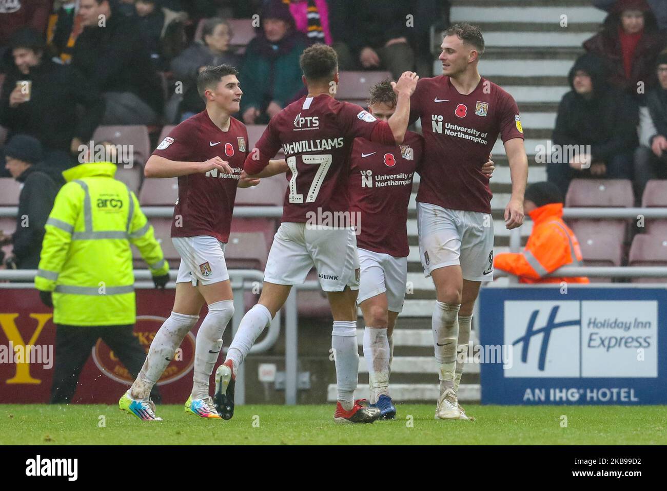 Harry Smith celebrates after scoring for Northampton Town, to take the lead making it 2 - 0 against Cambridge United, during the Sky Bet League 2 match between Northampton Town and Cambridge United at the PTS Academy Stadium, Northampton on Saturday 26th October 2019. (Photo by John Cripps/MI News/NurPhoto) Stock Photo