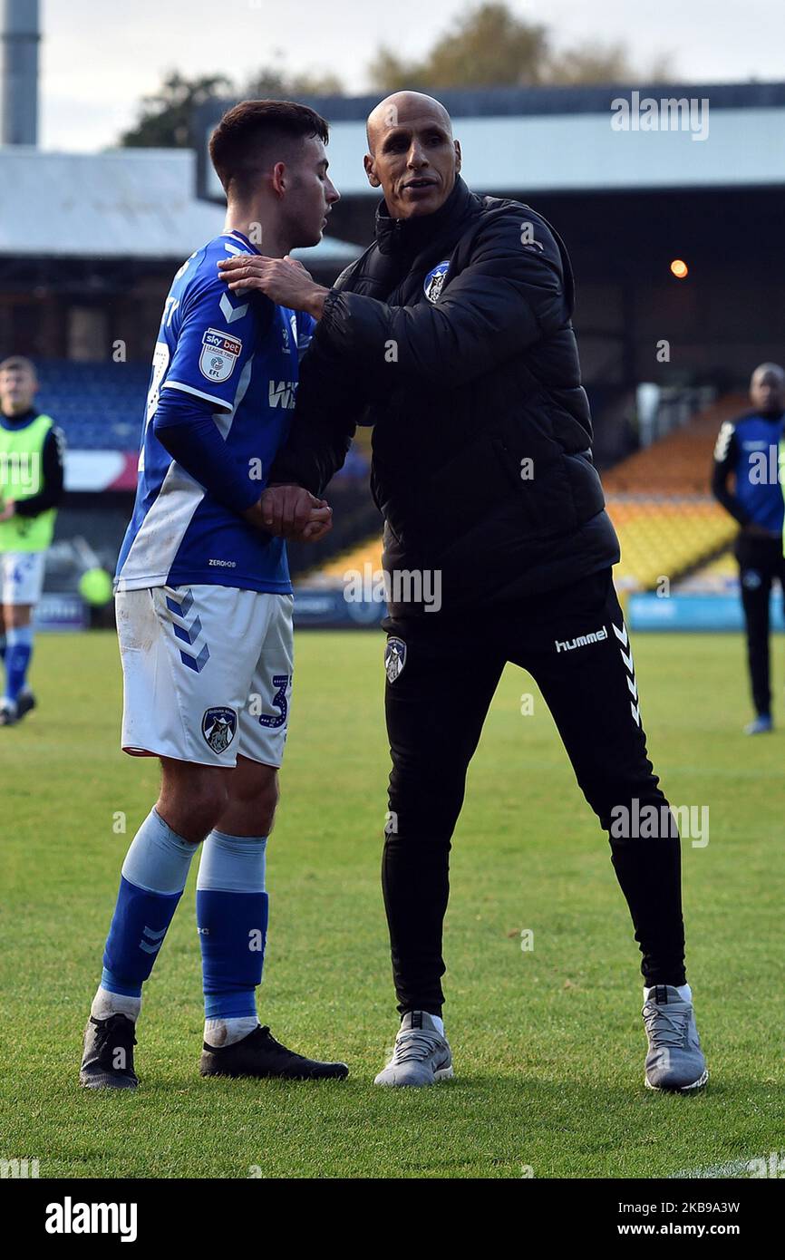 Oldham's Lewis McKinney and Dino Maamria after the Sky Bet League 2 match between Port Vale and Oldham Athletic at Vale Park, Burslem on Saturday 26th October 2019. (Photo by Eddie Garvey/MI News/NurPhoto) Stock Photo