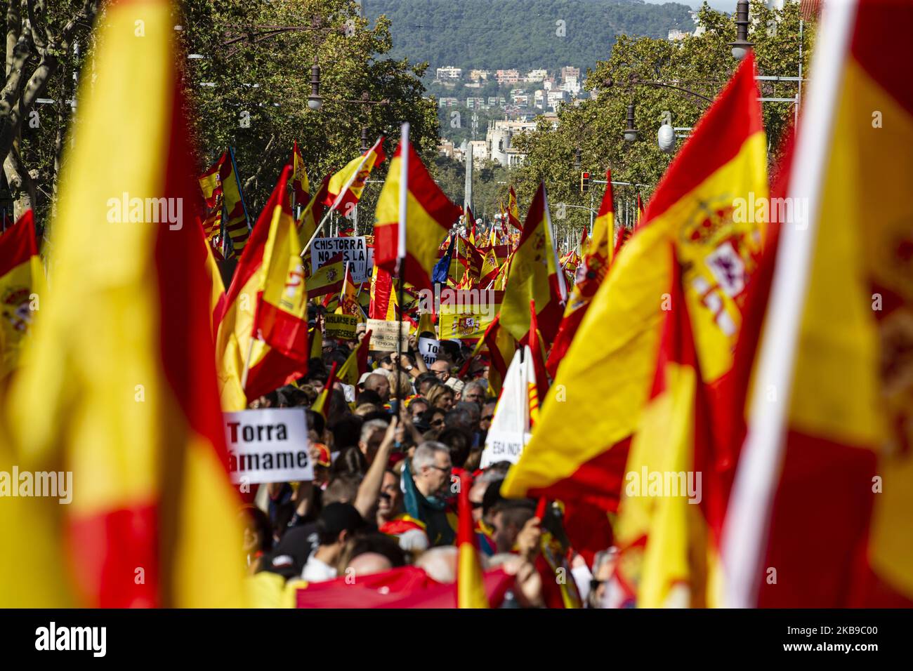 Spanish demonstration protesting against the catalan separatists and claiming for the unity of Spain, organized by Societat Civil Catalana. In Barcelona 27 of October of 2019, Spain. (Photo by Xavier Bonilla/NurPhoto) Stock Photo