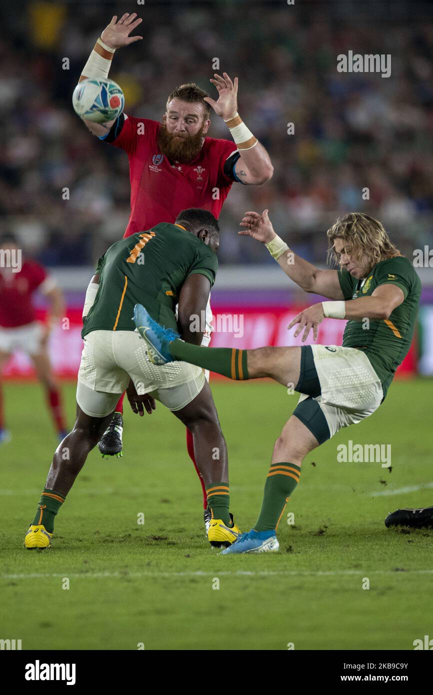 Faf de Klerk of South Africa kicks the ball during the first half of a