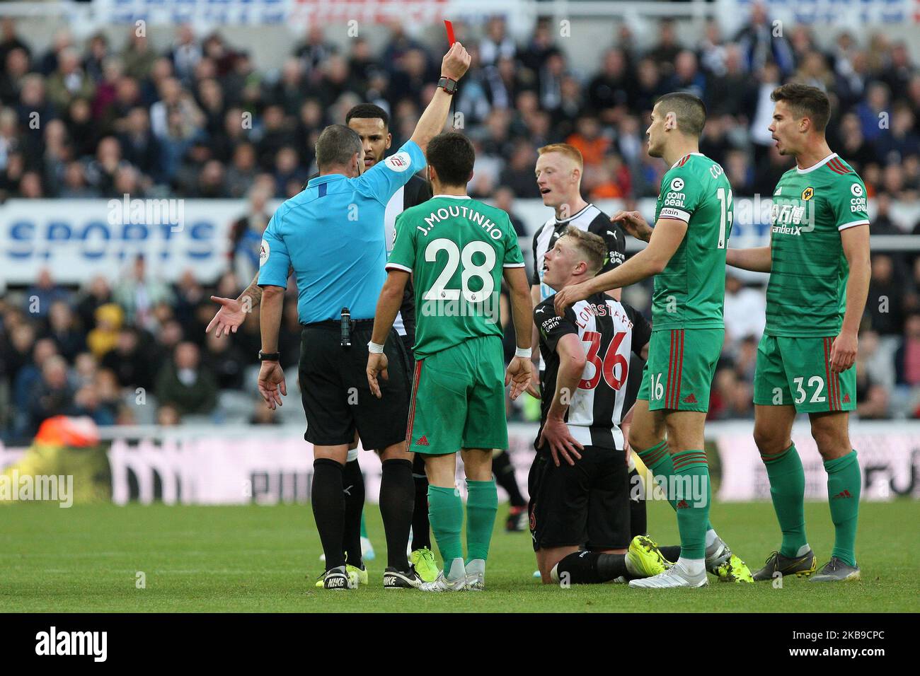 Newcastle United's Sean Longstaff is shown a red card by Referee Kevin Friend during the Premier League match between Newcastle United and Wolverhampton Wanderers at St. James's Park, Newcastle on Sunday 27th October 2019. (Photo by Steven Hadlow/MI News/NurPhoto) Stock Photo