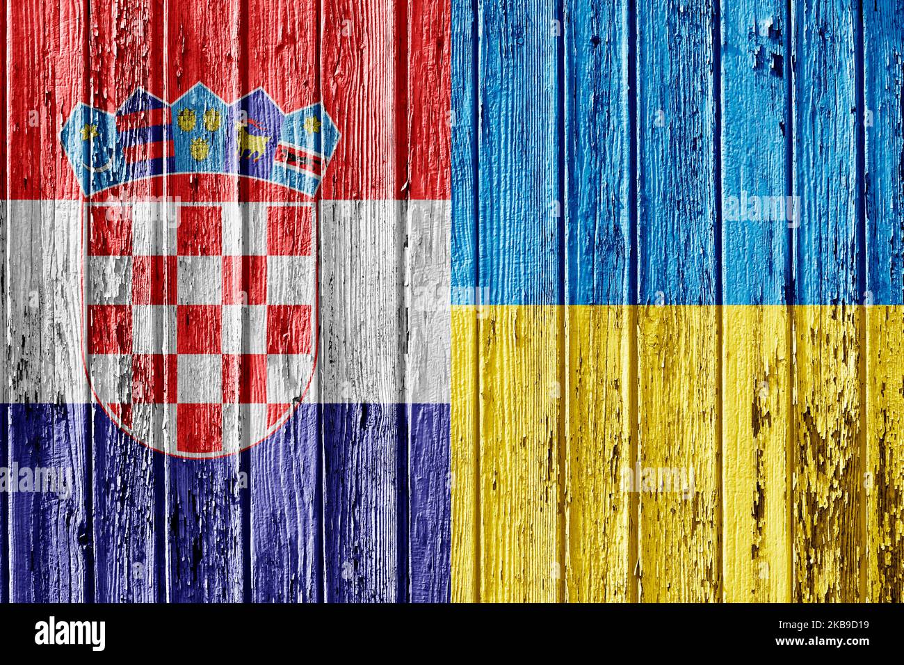flag of Croatia and Ukraine painted on wooden frame Stock Photo