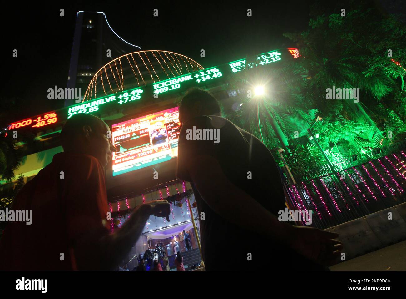 The Bombay Stock Exchange (BSE) is lit up during 'Muhurat' trading to mark Diwali festival in Mumbai, India on 27 October 2019. (Photo by Himanshu Bhatt/NurPhoto) Stock Photo