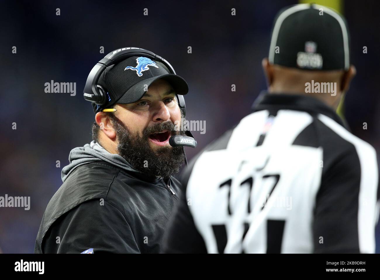 Detroit Lions head coach Matt Patricia talks with an official during the first half of an NFL football game against the New York Giants in Detroit, Michigan USA, on Sunday, October 27, 2019. (Photo by Amy Lemus/NurPhoto) Stock Photo