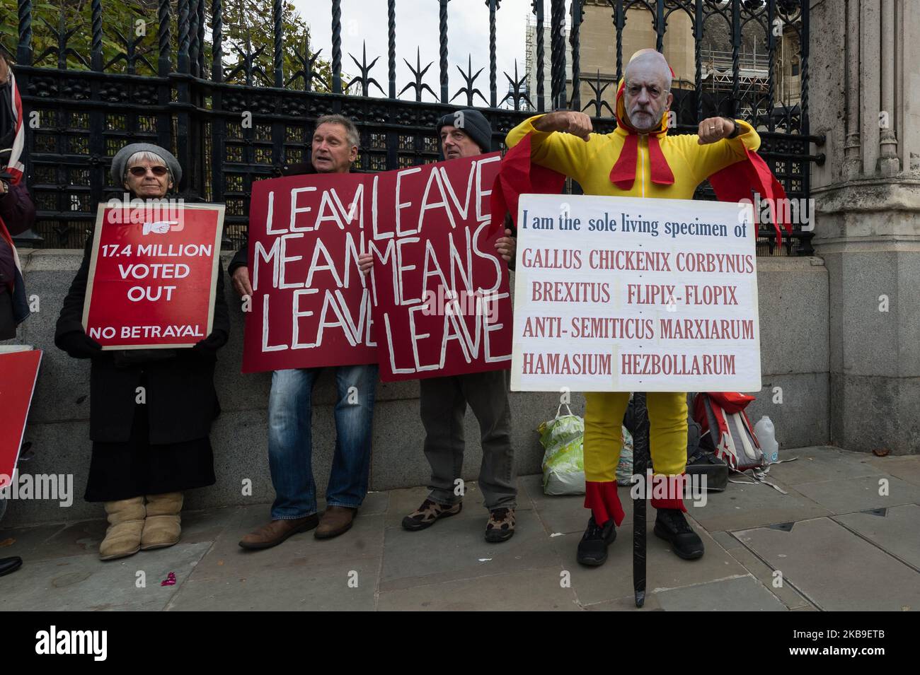 A pro-Brexit demonstrator dressed in a chicken suit and wearing a mask of Labour Party's leader Jeremy Corbyn protest outside the Houses of Parliament on 28 October, 2019 in London, England. Today MPs debate and vote on a government's motion calling for a General Election to take place on 12 December 2019. The European Union granted a Brexit etension until 31 January 2020 with an option for the UK to leave earlier if a deal is ratified. (Photo by WIktor Szymanowicz/NurPhoto) Stock Photo