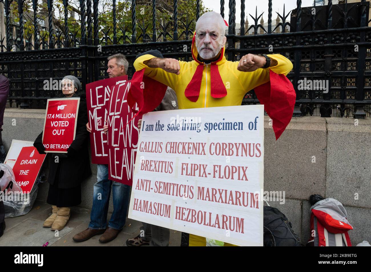 A pro-Brexit demonstrator dressed in a chicken suit and wearing a mask of Labour Party's leader Jeremy Corbyn protest outside the Houses of Parliament on 28 October, 2019 in London, England. Today MPs debate and vote on a government's motion calling for a General Election to take place on 12 December 2019. The European Union granted a Brexit etension until 31 January 2020 with an option for the UK to leave earlier if a deal is ratified. (Photo by WIktor Szymanowicz/NurPhoto) Stock Photo