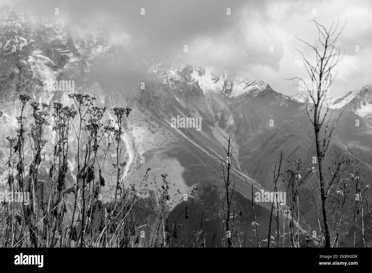(EDITOR'S NOTE: This image has been converted to black and white.) Landscape near Mestia, the capital of Svaneti region of Georgia on September 27, 2019. Svaneti is situated in Central Caucasus Mountains surrounded by 3000-5000 peaks, it is inhabited by Svans ethnic subgroup of Georgia. (Photo by Dominika Zarzycka/NurPhoto) Stock Photo
