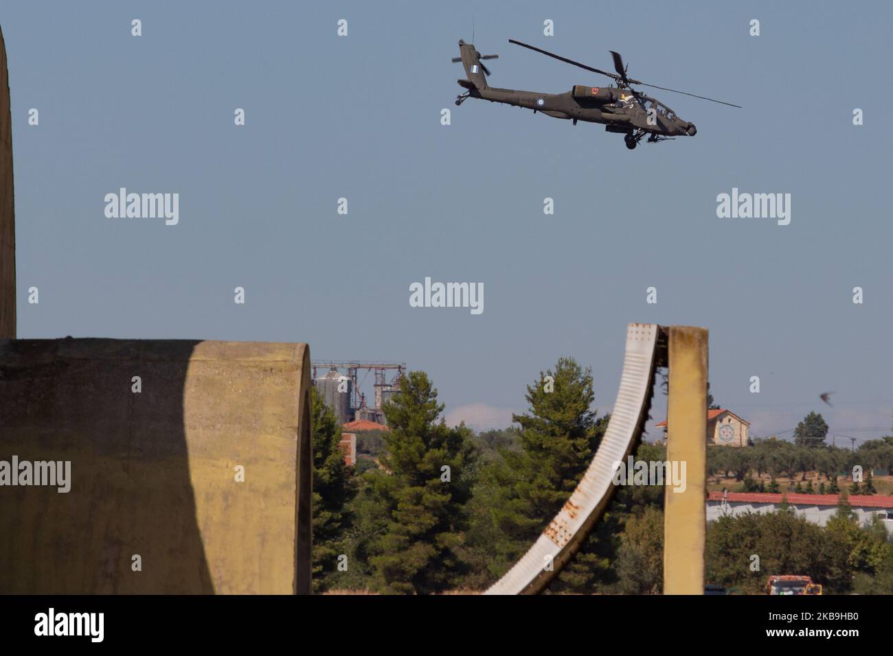 Boeing AH-64 Apache of the Hellenic Army Aviation. The AH-64D Apache Longbow Attack Helicopter participating at a static and the flying display demonstration with Pegasus Team chopper at Athens Flying Week Air Show 2019 at Tanagra Military Airbase LGTG. Athens, Greece - September 22, 2019 (Photo by Nicolas Economou/NurPhoto) Stock Photo