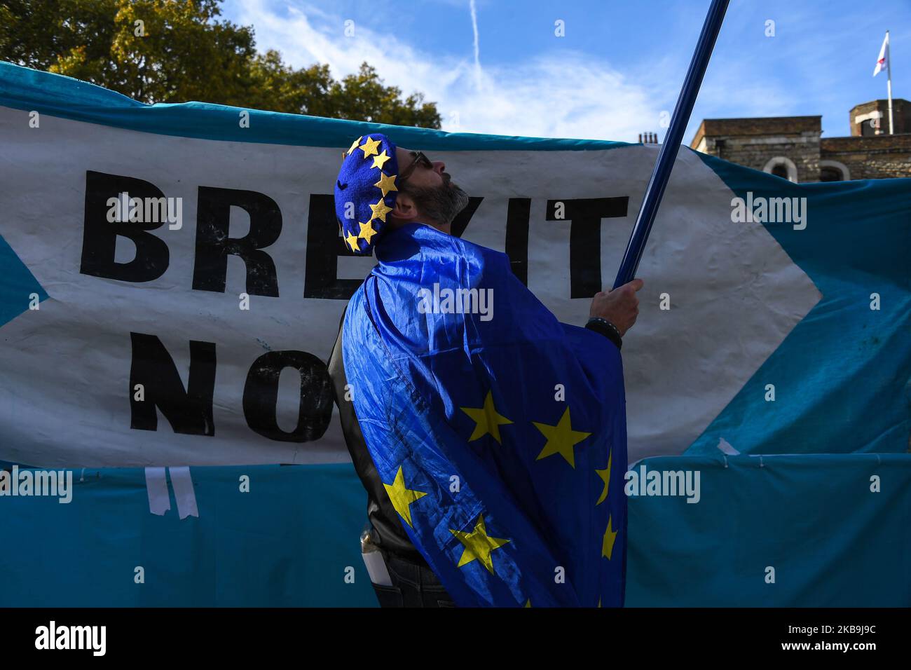 EU and Union flags wave outside the houses of Parliament as Pro and Anti Brexit supporters demonstrate on October 30, 2019 in London, England. (Photo by Alberto Pezzali/NurPhoto) Stock Photo