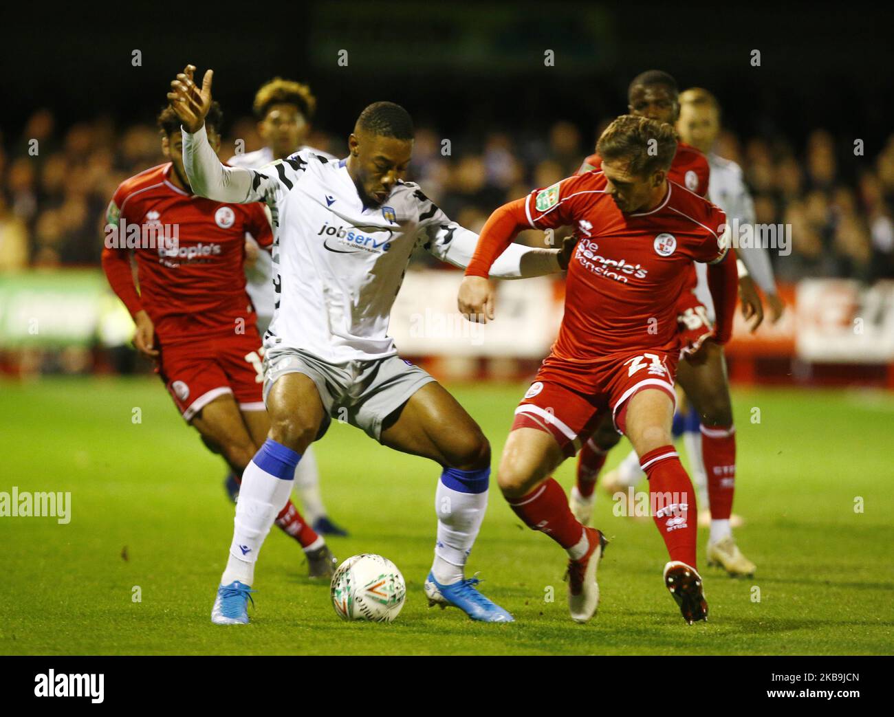 LONDON, UNITED KINGDOM. OCTOBER 29 L-R Ryan Jackson of Colchester United and Crawley Town's Dannie Bulman during Carabao Cup Fourth Round between Crawley Town and Colchester United at The People's Pension Stadium , Crawley, England on 29 October 2019 (Photo by Action Foto Sport/NurPhoto) Stock Photo