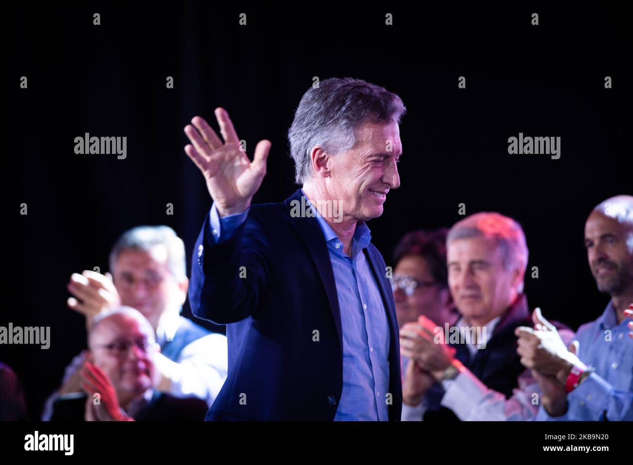 President of Argentina and candidate for reelection Mauricio Macri (L) hugs his wife Juliana Awada (R) after accepting his defeat against Alberto Fernandez of Frente de Todos in the presidential elections for the period 2019-2023 on October 27, 2019 in Buenos Aires, Argentina. (Photo by Manuel Cortina/NurPhoto) Stock Photo