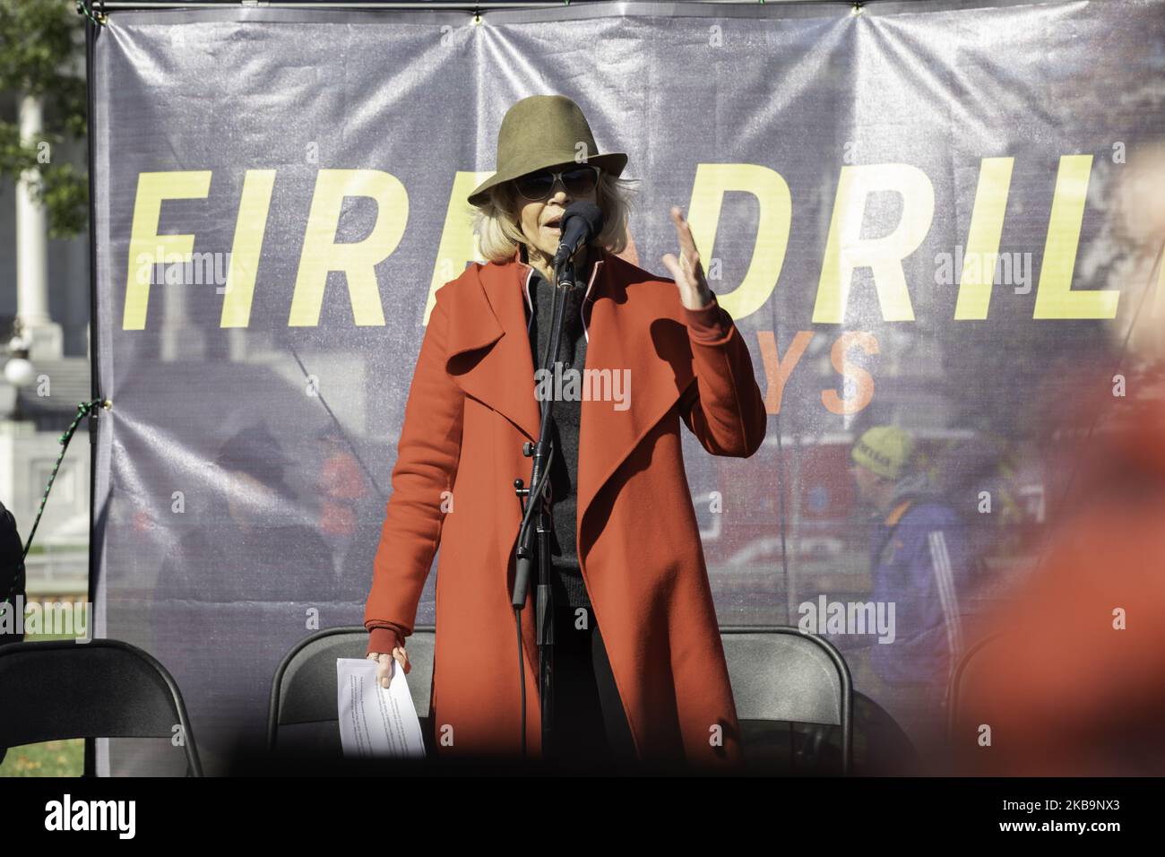 Actress Jane Fonda participates in a ''Fire Drill Fridays'' climate change protest on Capitol Hill in Washington, D.C., November 1, 2019. (Photo by Aurora Samperio/NurPhoto) Stock Photo