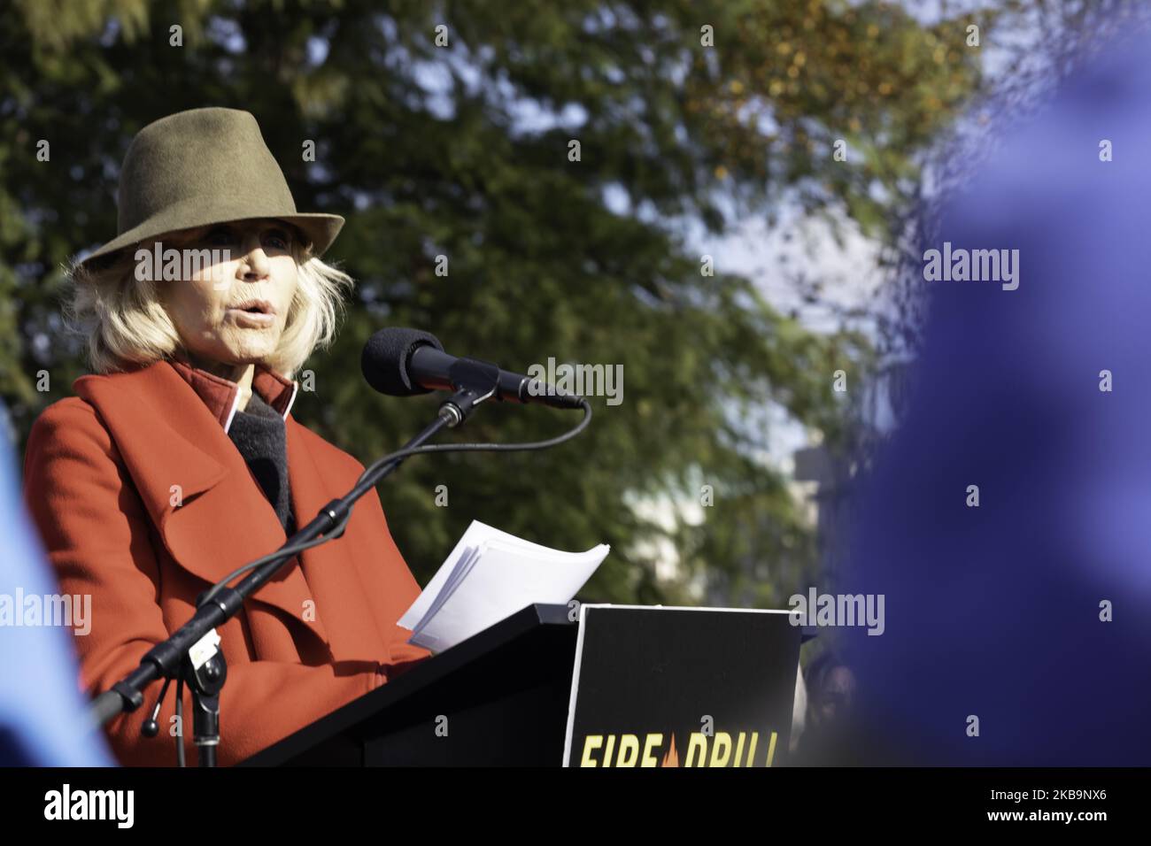 Actress Jane Fonda participates in a ''Fire Drill Fridays'' climate change protest on Capitol Hill in Washington, D.C., November 1, 2019. (Photo by Aurora Samperio/NurPhoto) Stock Photo