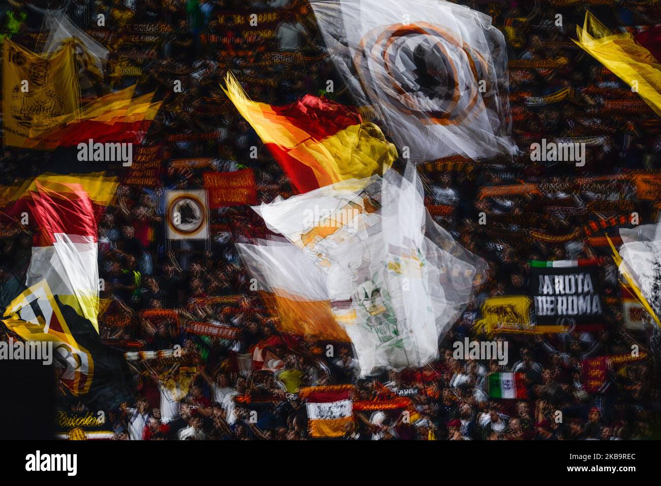 AS Roma supporters during the Europe League football match AS Roma vs Basaksehir at the Olympic Stadium in Rome, on september 19, 2019. (Photo by Silvia Lore/NurPhoto) Stock Photo