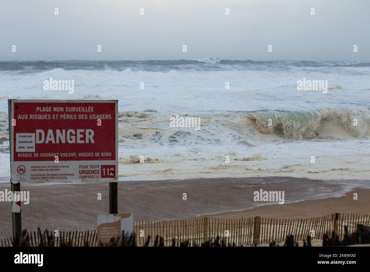 Waves break on the coast in Capbreton near the ocean on November 3, 2019 during the Amelie storm. Some 100,000 households were deprived of electricity in south western France, where the Atlantic coast was swept by storm Amelie, causing damage but no casualties, according to an initial assessment by the emergency services and the prefectures. (Photo by Jerome Gilles/NurPhoto) Stock Photo