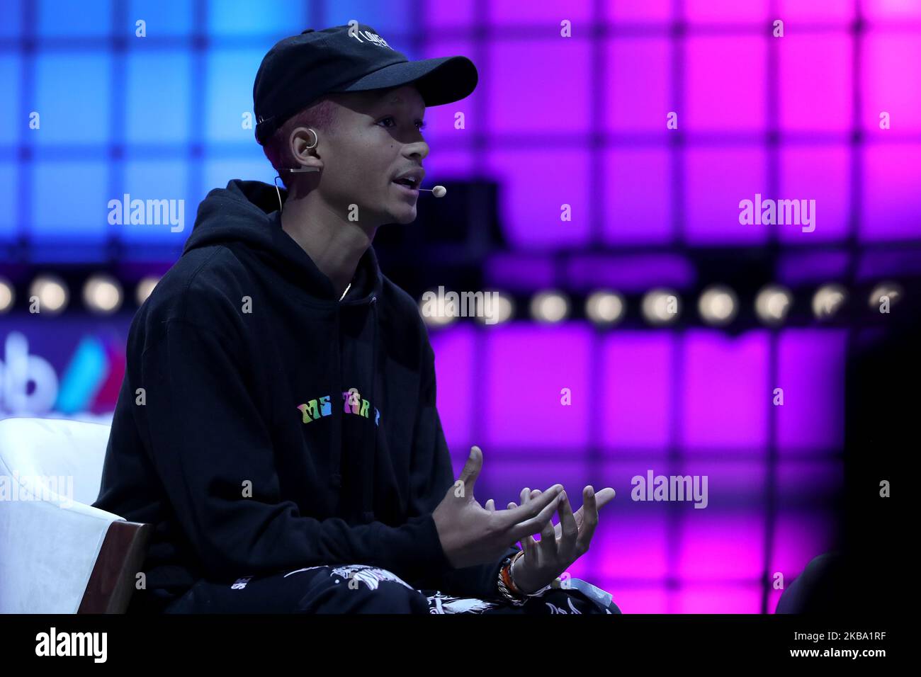 501CTHREE.org & JUST water Co-founder Jaden Smith speaks during the annual Web Summit technology conference in Lisbon, Portugal on November 4, 2019. Some 70,000 people are expected to take part in the four-day Web Summit, including speakers from leading global tech companies, politicians and start-ups hoping to attract attention from the over 1,500 investors who are scheduled to attend. (Photo by Pedro FiÃºza/NurPhoto) Stock Photo