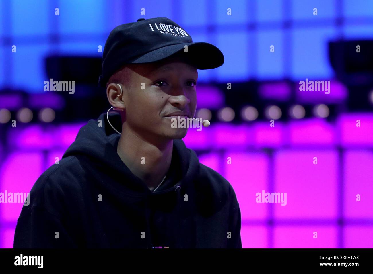 501CTHREE.org & JUST water Co-founder Jaden Smith looks on during the annual Web Summit technology conference in Lisbon, Portugal on November 4, 2019. Some 70,000 people are expected to take part in the four-day Web Summit, including speakers from leading global tech companies, politicians and start-ups hoping to attract attention from the over 1,500 investors who are scheduled to attend. (Photo by Pedro FiÃºza/NurPhoto) Stock Photo