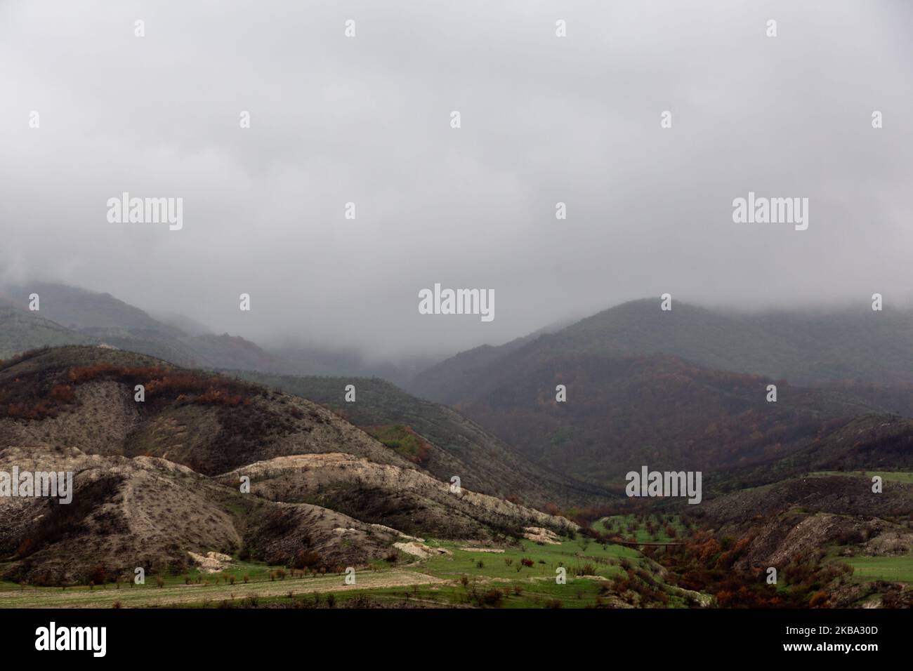 A mountainous landscape of Nagorno Karabach (self proclaimed Republic of Artsakh) on October 10, 2019. The Republic is a subject of dispute between Azerbaijan and Armenians, it historically is occupied by Armenians but was included into Azerbaijan after the collapse of Soviet Union. Artsakh is today a de facto independent state but it is not recognised by any other party. It is possible to enter Artsakh only through Armenia. (Photo by Dominika Zarzycka/NurPhoto) Stock Photo