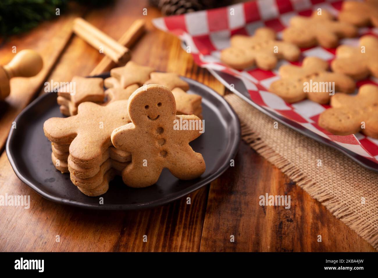 Homemade gingerbread man cookies, traditionally made at Christmas and the holidays. Stock Photo