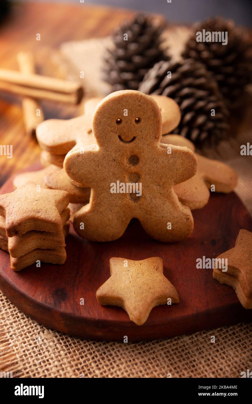 Homemade gingerbread man cookies, traditionally made at Christmas and the holidays. Stock Photo