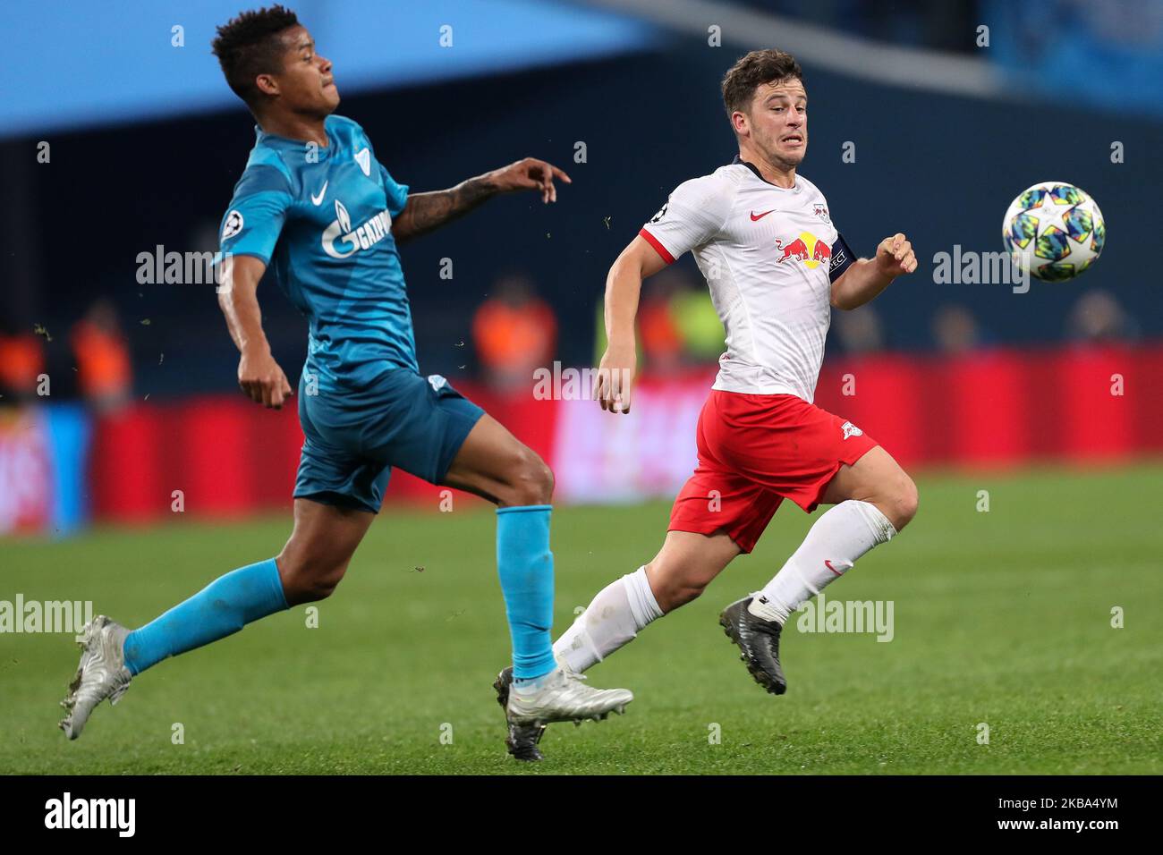 Wílmar Barrios of FC Zenit Saint Petersburg (L) and Diego Demme of RB Leipzig vie for the ball during the UEFA Champions League group G match between FC Zenit St. Petersburg and RB Leipzig at the Saint Petersburg Stadium on November 05, 2019 in St.Petersburg, Russia. (Photo by Igor Russak/NurPhoto) Stock Photo