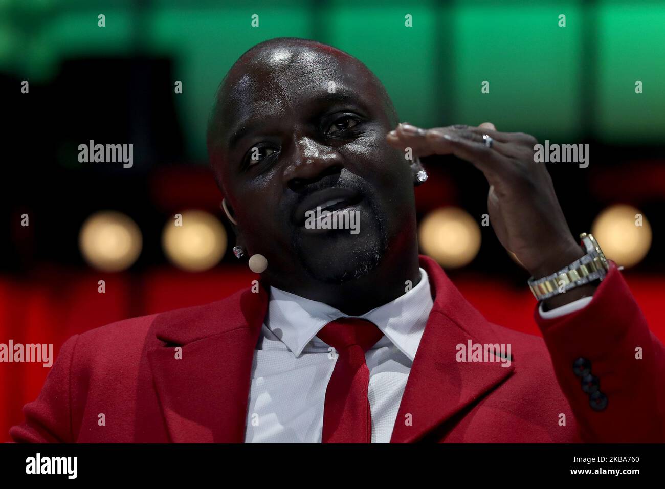 Global artist and Chairman and co-founder of Akoin, Akon speaks during the annual Web Summit technology conference in Lisbon, Portugal on November 6, 2019. (Photo by Pedro FiÃºza/NurPhoto) Stock Photo