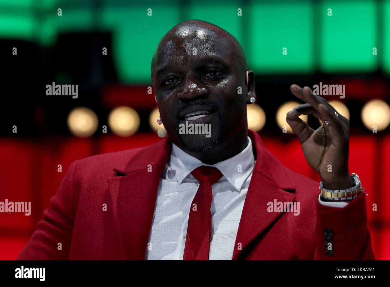 Global artist and Chairman and co-founder of Akoin, Akon speaks during the annual Web Summit technology conference in Lisbon, Portugal on November 6, 2019. (Photo by Pedro FiÃºza/NurPhoto) Stock Photo