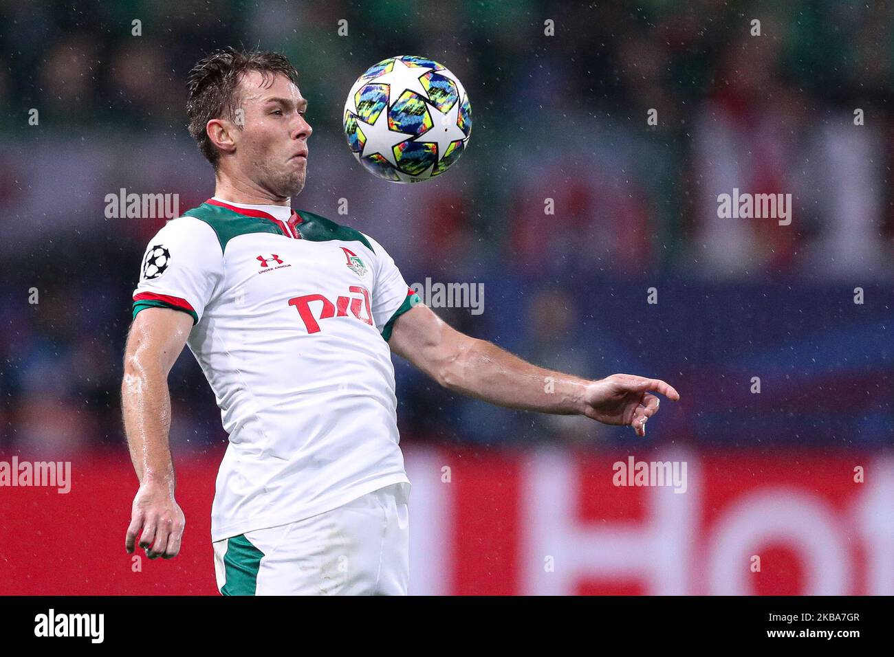 Maciej Rybus of FC Lokomotiv Moskva vie for the ball during the UEFA Champions League group D match between FC Lokomotiv Moskva and Juventus at RZD Arena on November 06, 2019 in Moscow, Russia. (Photo by Igor Russak/NurPhoto) Stock Photo