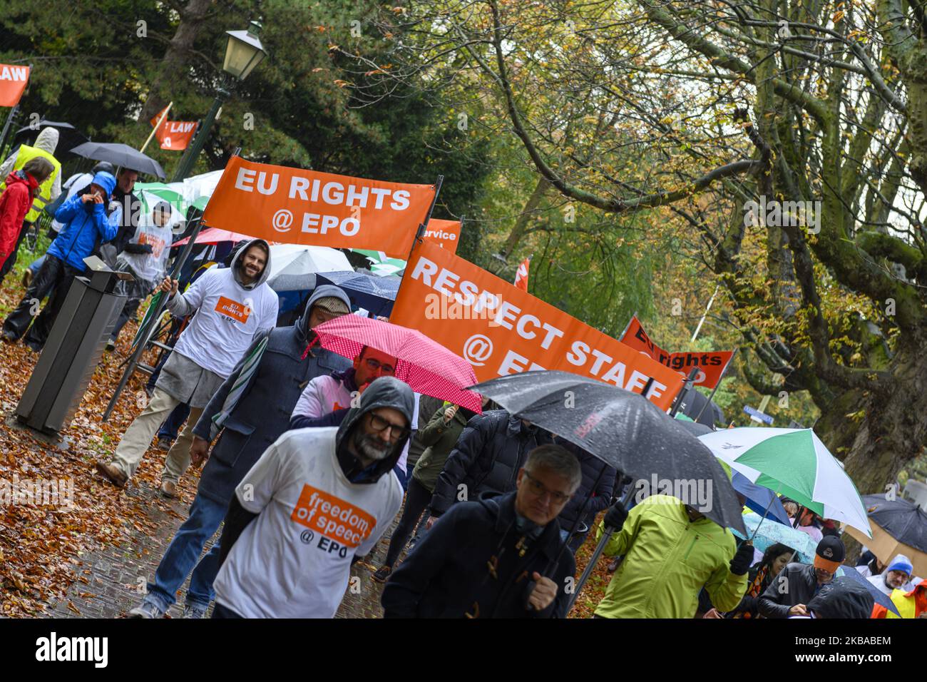 The EPO employees demonstrators take part in an action march to the Portuguese Embassy in The Hague to delivery a letter in with the dements on 7 November 2019 in The Hague, Netherlands. (Photo by Goncalo Silva/NurPhoto) Stock Photo
