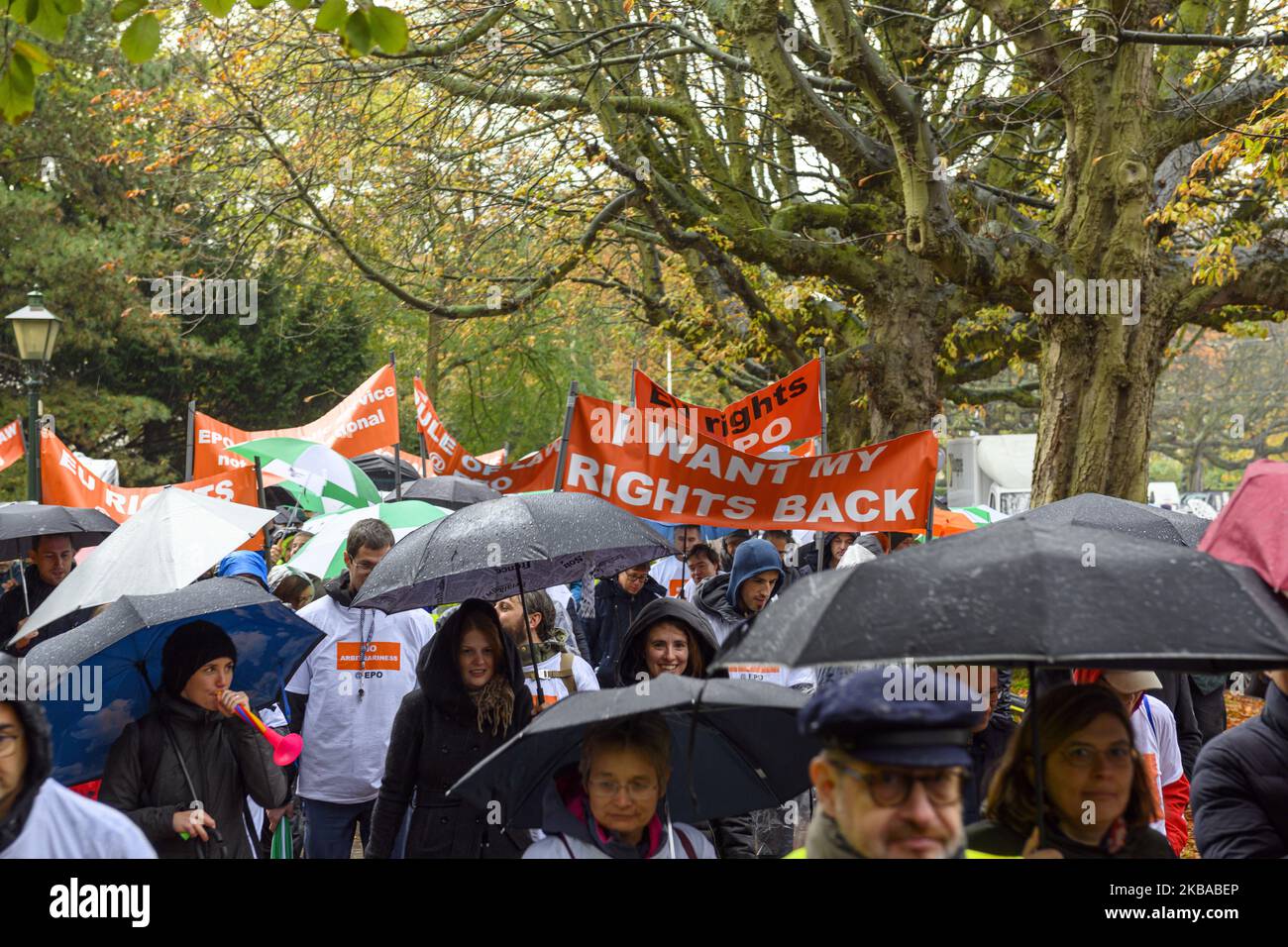 The EPO employees demonstrators take part in an action march to the Portuguese Embassy in The Hague to delivery a letter in with the dements on 7 November 2019 in The Hague, Netherlands. (Photo by Goncalo Silva/NurPhoto) Stock Photo