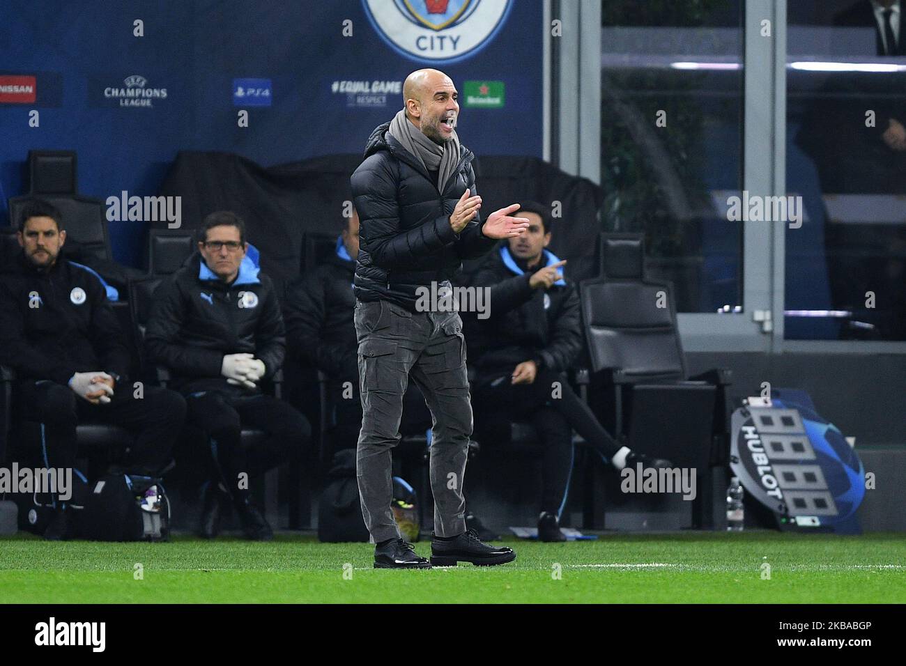 Josep Guardiola of Manchester City during the UEFA Champions League group stage match between Atalanta and Manchester City at Stadio San Siro, Milan, Italy. (Photo by Giuseppe Maffia/NurPhoto) Stock Photo