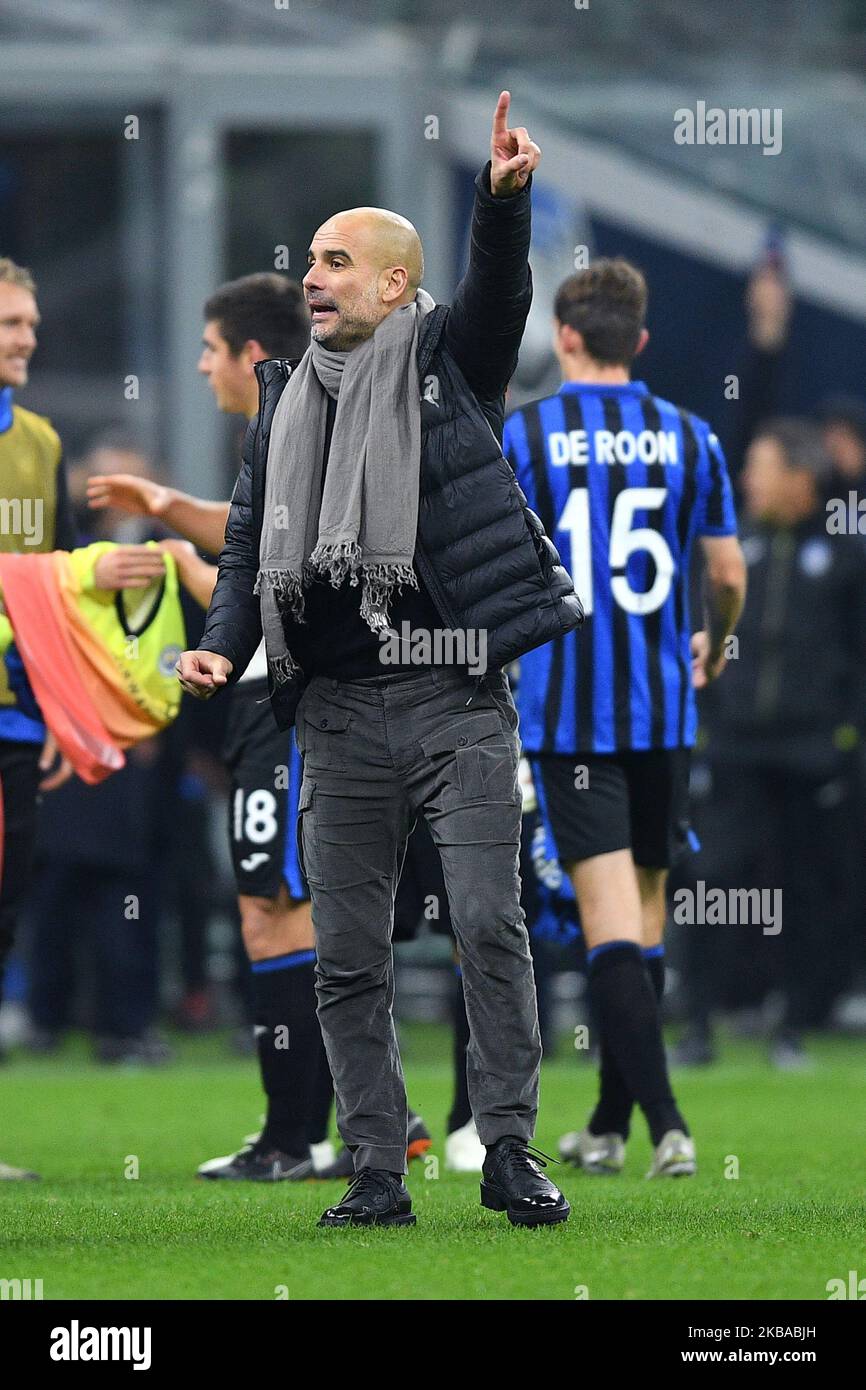 Josep Guardiola of Manchester City at the end of the UEFA Champions League  group stage match between Atalanta and Manchester City at Stadio San Siro,  Milan, Italy. (Photo by Giuseppe Maffia/NurPhoto Stock