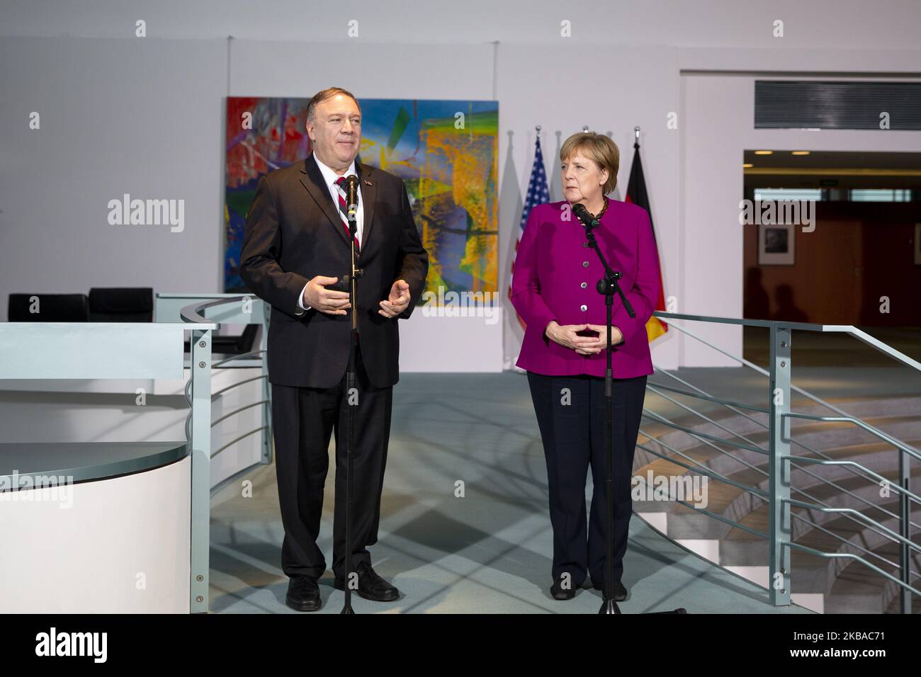 German Chancellor Angela Merkel and US Secretary of State Mike Pompeo give a statement to the press prior to a meeting at the Chancellery in Berlin, Germany on November 8, 2019. (Photo by Emmanuele Contini/NurPhoto) Stock Photo