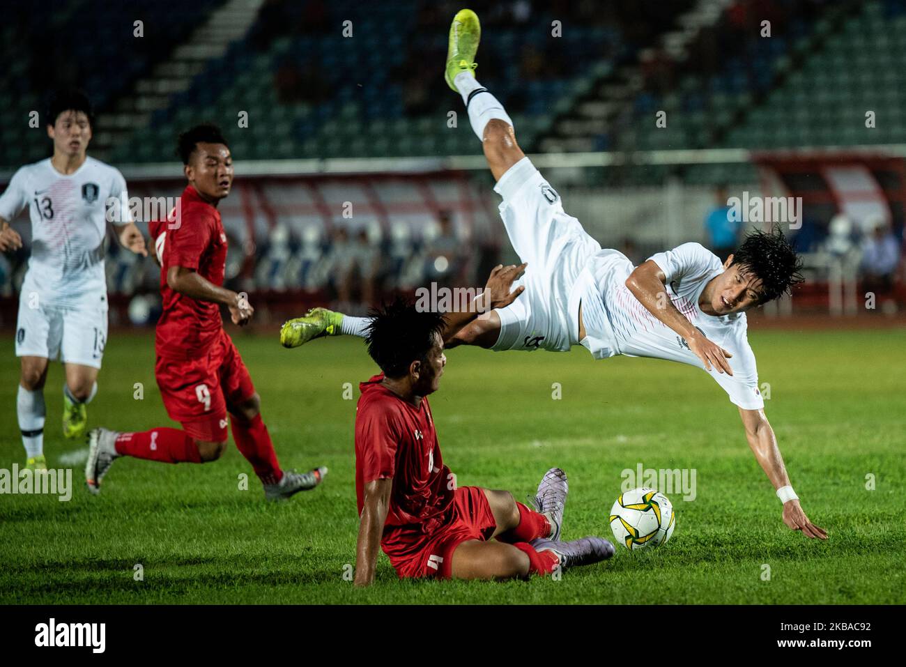 Kwon Hyeokkyu of Korea Repulbic fights for the ball against Thet Hein Soe of Myanmar during AFC U-19 Championship 2020 qualifiers football match between Korea Repulbic and Myanmar in Yangon, Myanmar on 08 November 2019. (Photo by Shwe Paw Mya Tin/NurPhoto) Stock Photo