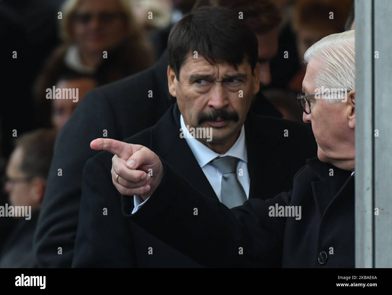 Frank-Walter Steinmeier (Right), President of Germany, with Janos Ader (Center), President of Hungary, seen at a commemoration ceremony for the 30th anniversary of the fall of the Berlin Wall, at the Berlin Wall Memorial at Bernauer Strasse in Berlin. On Saturday, November 9, 2019, in Berlin, Germany. (Photo by Artur Widak/NurPhoto) Stock Photo