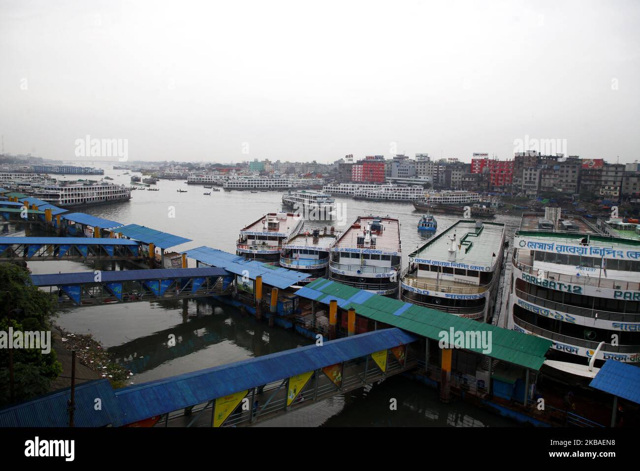 Ferries and ship grounded at Saradhart terminal as river traffic is halted as impending cyclone 'Bulbul' movement in Dhaka, Bangladesh, on November 9, 2019. (Photo by Mamunur Rashid/NurPhoto) Stock Photo