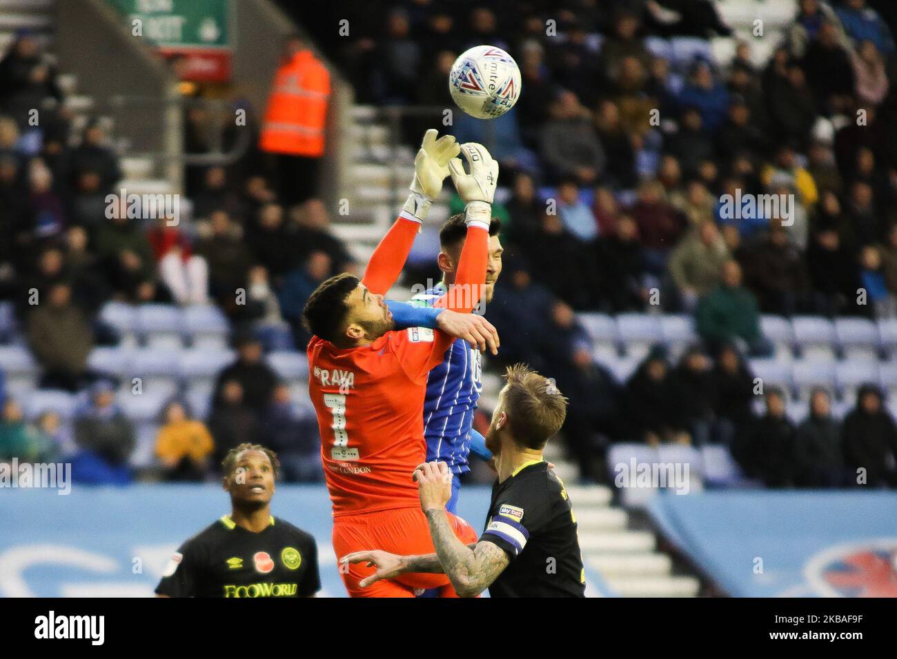 Wigan Athletic goalkeeper David Marshall attempts to catch the ball during the Sky Bet Championship match between Wigan Athletic and Brentford at the DW Stadium, Wigan on Saturday 9th November 2019. (Photo by Tim Markland/MI News/NurPhoto) Stock Photo