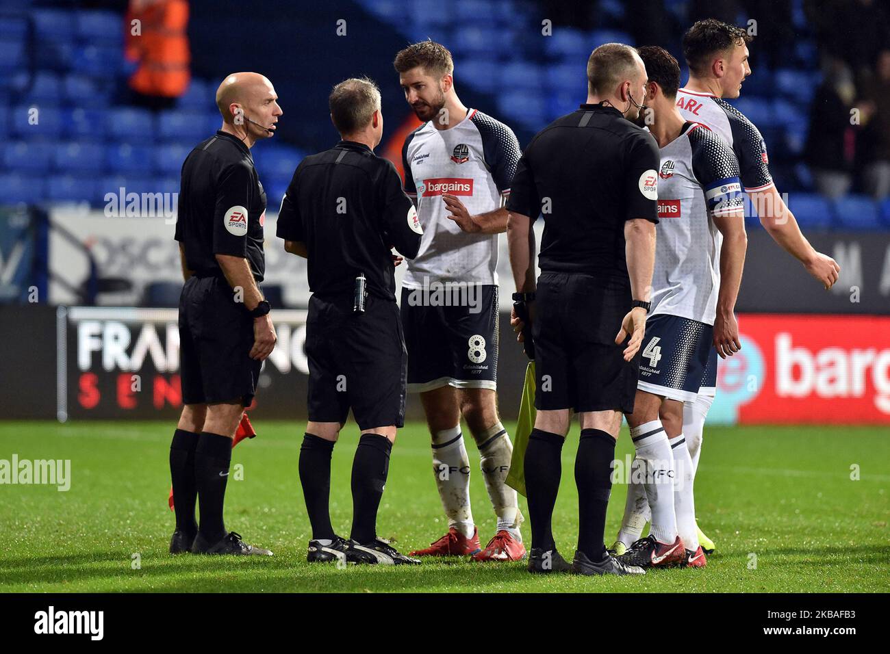 Bolton's Luke Murphy and referee Robert Lewis after the FA Cup match between Bolton Wanderers and Plymouth Argyle at the Reebok Stadium, Bolton on Saturday 9th November 2019. (Photo by Eddie Garvey /MI News/NurPhoto) Stock Photo