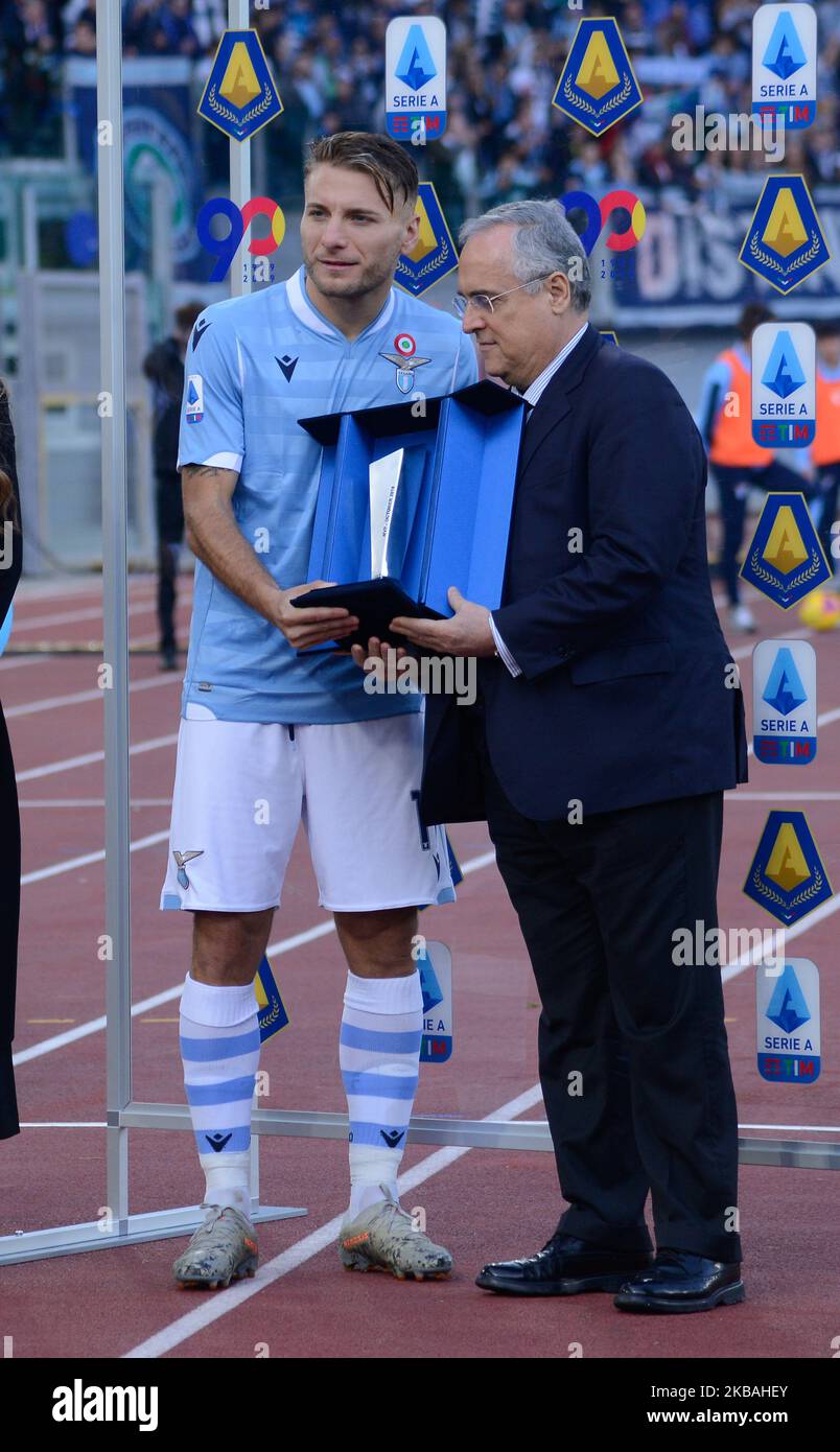 Claudio Lotito award Ciro Immobile for the hundred goals with the