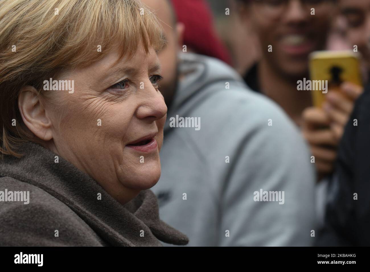Angela Merkel, Germany's Chancellor, meets members of the public outside the Berlin Wall Memorial at Bernauer Strasse during a commemoration ceremony for the 30th anniversary of the fall of the Berlin Wall. On Saturday, November 9, 2019, in Berlin, Germany. (Photo by Artur Widak/NurPhoto) Stock Photo